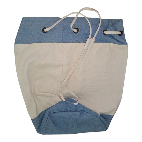 Drawstring Backpack NWOT Canvas Beach Bag Blue Cream GREAT BUNDLE ITEM Travel - Picture 2 of 13